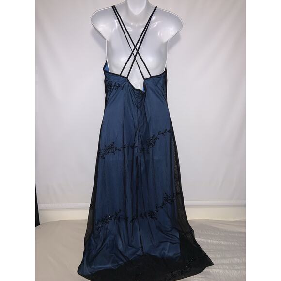 Vintage Reggio Prom Dress Maxi Gown 12 Blue Black Goth 90s Y2K Floral Mesh Bead - Picture 4 of 9
